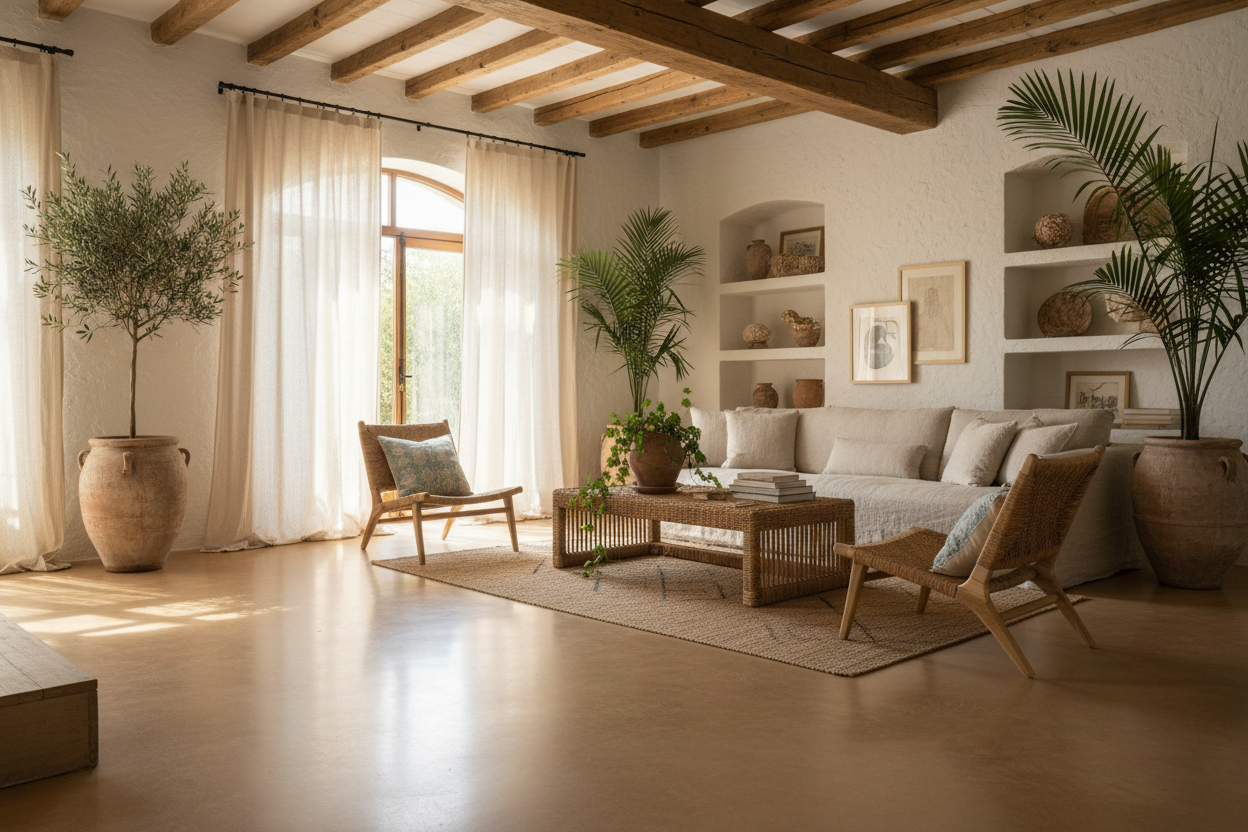 l'ambiente deve essere stile mediterraneo e la resina di color marrocino chiaro chiaro quasi beige