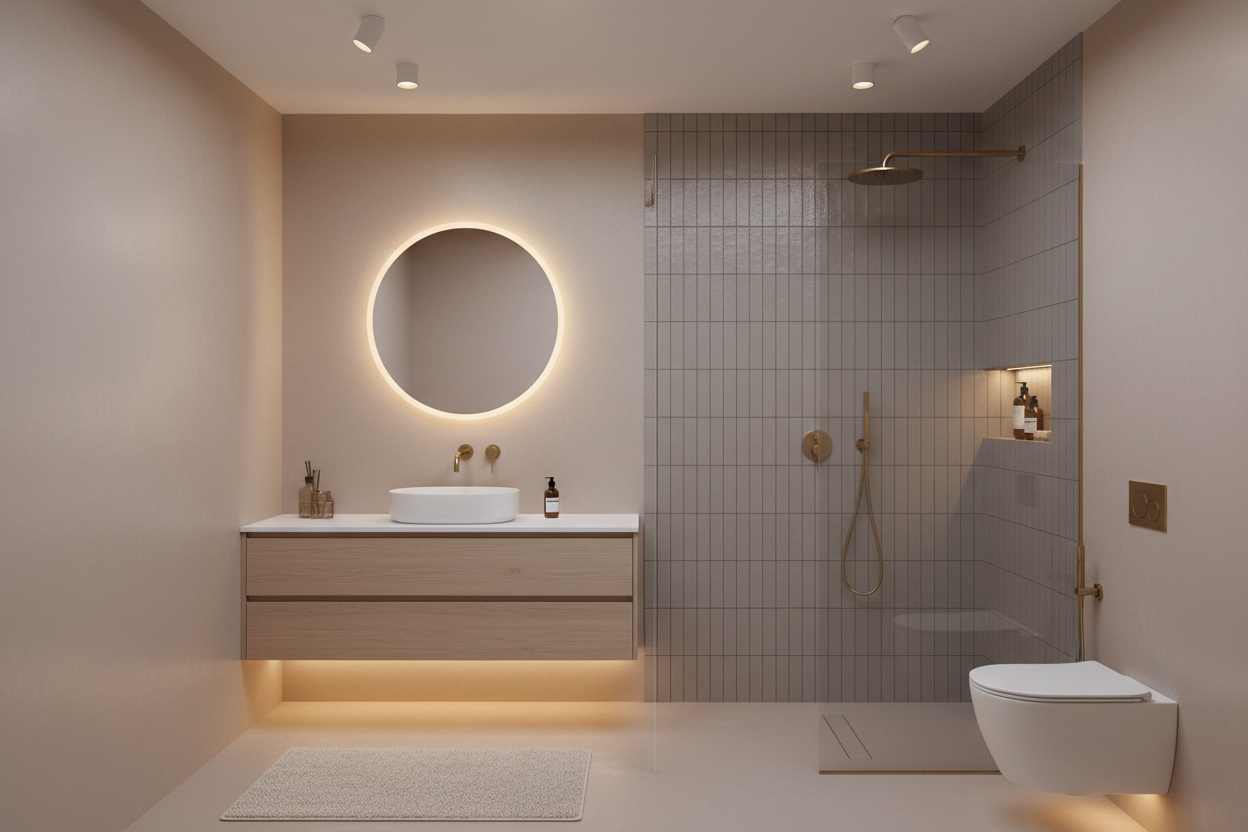 un bagno moderno con pavimento e pareti in resina ma con la doccia in piastrelle. tutto di design e di colore tenue e non troppo lucido, bensì satinato
